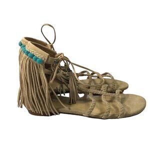 Schutz 9.5 suede fringed sandals tan